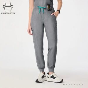 Figs High-Waisted Gray Joggers with Teal Drawstring